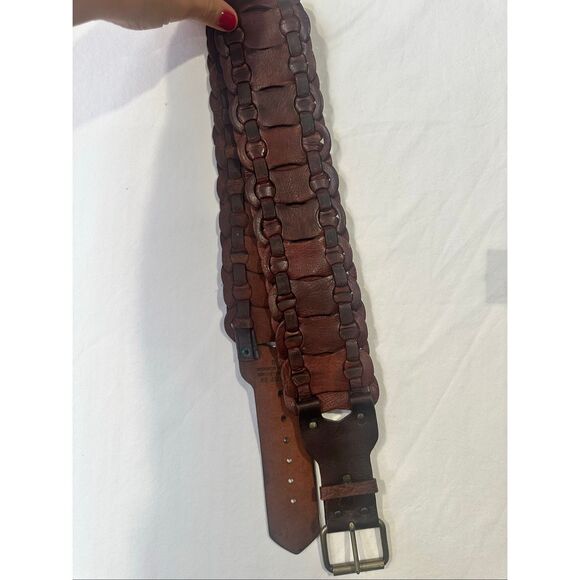 Vintage Motif 56 Wide Woven Brown Leather Belt Brass Buckle size small - Picture 6 of 7